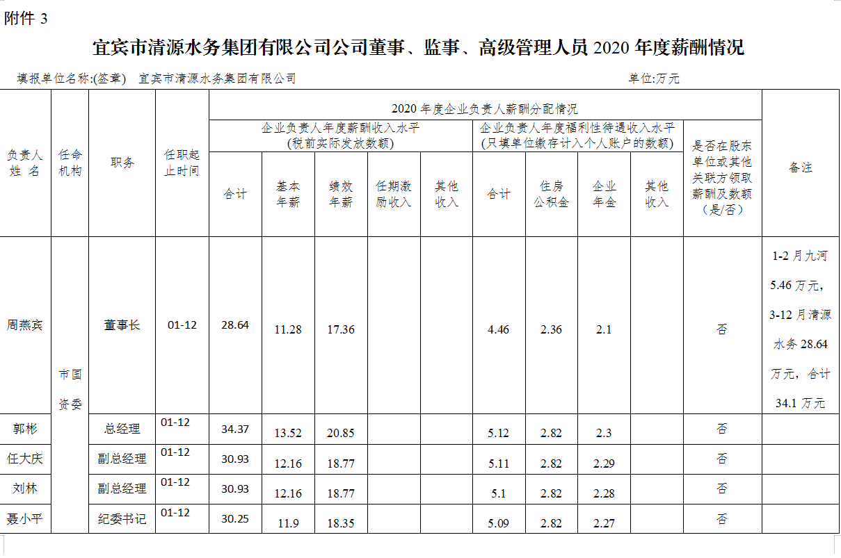 宜賓市清源水務(wù)集團有限公司公司董事、監(jiān)事、高級管理人員2020年度薪酬情況